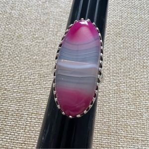 New Pink Botswana Striped Agate Crystal Silver Overlay Ring Size 7.5 - 7.75